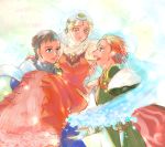  1girl blonde_hair blue_eyes blush breasts commentary_request dragon_quest dragon_quest_ii dress green_eyes highres hood k_kymz long_hair multiple_boys open_mouth prince_of_lorasia prince_of_samantoria princess princess_of_moonbrook red_eyes smile water 
