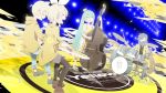  2boys 2girls aqua_hair bass_guitar blonde_hair blue_hair blush_stickers bow circle_name cymbals dress drum drum_set drumsticks eyes_closed gyari_(imagesdawn) hair_bow hair_ornament hairclip hat hatsune_miku highres instrument jacket kagamine_len kagamine_rin kaito keyboard_(instrument) long_hair mini_hat mini_top_hat multiple_boys multiple_girls music playing_instrument sandals scarf short_hair sitting smile song_name spotlight top_hat transparent twintails very_long_hair vocaloid yellow_dress yellow_headwear yellow_hoodie yellow_jacket yellow_suit 