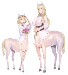  2girls :d absurdres animal_ears blonde_hair blue_eyes braid breasts centaur eyebrows_visible_through_hair flower flower_wreath full_body highres horse_ears jewelry korean_commentary large_breasts long_hair monster_girl multiple_girls navel nipples open_mouth original parted_lips ring see-through short_hair simple_background smile tabbto wedding_band white_background 