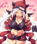  1girl arai_nobu bare_shoulders belt black_gloves black_legwear blush breasts cleavage commentary_request earrings elbow_gloves erect_nipples fingerless_gloves gloves hood jewelry long_hair looking_at_viewer midriff navel necklace original purple_eyes red_gloves shorts slit_pupils solo sweat tail teeth thigh_gap thighhighs white_hair 