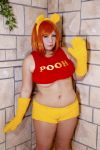  1girl animal_ears asian bear_ears chouzuki_maryou cosplay gloves highres orange_hair photo plump pooh pooh_(cosplay) shirt solo t-shirt winnie_the_pooh 
