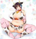  1girl animal_costume animal_ears animal_print bell bell_collar bikini bikini_top breasts brown_eyes brown_hair collar cow_bell cow_costume cow_ears cow_print cow_tail day elbow_gloves fake_animal_ears fake_horns gloves idolmaster idolmaster_cinderella_girls looking_at_viewer navel oikawa_shizuku short_hair solo swimsuit tail 