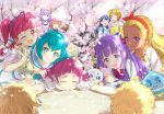  6+girls ;d aisaki_emiru amamiya_erena blue_hair cherry_blossoms fuwa_(precure) hagoromo_lala hoshi_(xingspresent) hoshina_hikaru hugtto!_precure kagayaki_homare kaguya_madoka looking_at_viewer multiple_girls nono_hana one_eye_closed open_mouth petals pom_poms precure prunce_(precure) red_hair ruru_amour smile star_twinkle_precure twintails yakushiji_saaya 