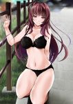  1girl black_bra black_panties bra breasts cleavage day fate/grand_order fate_(series) fence formal grass hair_intakes highres kneeling large_breasts legs_together lingerie long_hair looking_at_viewer navel panties purple_hair red_eyes scathach_(fate)_(all) scathach_(fate/grand_order) underwear yumi_(careca398) 