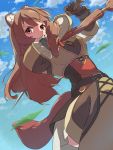  1girl animal_ears blue_sky brown_legwear chiharu_(9654784) closed_mouth cloud day highres holding holding_sword holding_weapon long_hair looking_at_viewer raccoon_ears raccoon_girl raccoon_tail raphtalia red_eyes skirt sky solo sword tail tate_no_yuusha_no_nariagari weapon white_skirt 