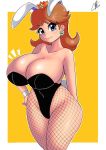  1girl blue_eyes breasts brown_hair cleavage crown curvy earrings flower_earrings gem huge_breasts image_sample jewelry mario_(series) nintendo princess_daisy rivyk smile solo super_mario_bros. super_mario_land twitter_sample wide_hips 