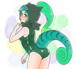  1girl acesrulez adapted_costume bare_arms bare_legs bare_shoulders blush chameleon_tail collar_tug commentary_request cowboy_shot gradient_hair green_hair green_swimsuit hair_through_headwear hood kemono_friends light_green_hair long_ponytail looking_at_viewer multicolored_hair one-piece_swimsuit panther_chameleon_(kemono_friends) red_eyes school_swimsuit short_hair solo swimsuit tail 