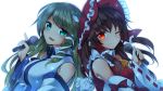  2girls :d ;) absurdres back-to-back bare_shoulders blush bow breasts brown_hair detached_sleeves frog_hair_ornament green_eyes green_hair hair_bow hair_ornament hair_tubes hakurei_reimu highres holding holding_microphone kochiya_sanae large_breasts long_hair looking_at_viewer medium_breasts microphone midori_(misuriru8) multiple_girls nontraditional_miko one_eye_closed open_mouth red_eyes ribbon-trimmed_sleeves ribbon_trim simple_background smile snake_hair_ornament touhou upper_body white_background wide_sleeves 