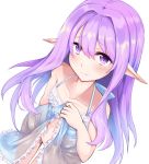  1girl blue_dress character_request collarbone copyright_request dress dress_lift elf from_above highres lifted_by_self lingerie long_hair looking_up navel negligee no_panties pointy_ears purple_eyes purple_hair see-through_silhouette smile solo suu2510 underwear 