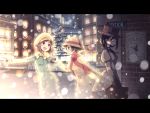  3girls bench black_hair brown_hair bucket_hat cabbie_hat character_request chihaya_72 christmas_tree dorothy_(princess_principal) glasses gloves hand_holding hat highres letterboxed long_hair multiple_girls outdoors pointing princess_principal scarf semi-rimless_eyewear short_hair snowing sweatdrop top_hat 