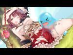  &gt;_&lt; 1girl atelier_(series) atelier_lydie_&amp;_suelle blush_stickers brown_eyes chihaya_72 frilled_skirt frills groin highres holding holding_staff injury letterboxed looking_at_viewer medium_hair one_eye_closed outdoors red_hair sitting skirt slime sophie_neuenmuller staff torn_clothes wariza 