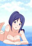  1girl arm_support ass blush breasts cleavage love_live! love_live!_sunshine!! lying matsuura_kanan medium_breasts on_stomach open_mouth purple_eyes purple_hair raised_eyebrows signature solo sora_nyan the_pose topless 