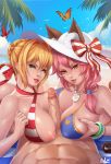  2girls abs animal_ears areolae asymmetrical_docking beach bikini blonde_hair blue_bikini bow braid breast_grab breast_press breasts bug butterfly censored criss-cross_halter day ears_through_headwear exlic fate/grand_order fate_(series) ffm_threesome fox_ears grabbing green_eyes group_sex hair_between_eyes hair_over_shoulder halter_top halterneck hat hat_bow hetero highres insect jewelry large_breasts lips long_hair lotion_bottle low_ponytail mosaic_censoring multiple_girls multiple_paizuri nail_polish navel necklace nero_claudius_(fate)_(all) nero_claudius_(swimsuit_caster)_(fate) nipples ocean outdoors paizuri parted_lips penis pink_hair pink_lips pink_nails pov red_bikini red_lips sky striped striped_bikini sun_hat swimsuit tamamo_(fate)_(all) tamamo_no_mae_(swimsuit_lancer)_(fate) teamwork threesome veins veiny_penis white_headwear yellow_eyes 