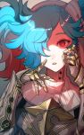 1girl aqua_hair armor asymmetrical_bangs asymmetrical_hair bangs fire_emblem fire_emblem_if ganov gauntlets gradient gradient_background grey_background hair_over_one_eye high_collar highres maid_headdress multicolored_hair nintendo parted_lips pieri_(fire_emblem_if) red_eyes red_hair simple_background solo twintails two-tone_hair upper_body 