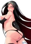  1girl areolae black_eyes black_hair breasts clitoris dean eyebrows gloves long_hair looking_back medium_breasts nipples nude open_mouth pussy shiny shiny_skin simple_background spread_pussy standing thick_thighs thighhighs thighs uncensored 