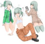 1girl alternate_costume bangs black_footwear blush bow brown_eyes cellphone collarbone commentary covered_navel eyebrows_visible_through_hair green_bow green_hair hair_bow hair_down highres holding holding_cellphone holding_phone kantai_collection long_sleeves midriff multiple_views navel nn_tasu one-piece_swimsuit open_mouth orange_jumpsuit parted_lips phone ponytail smartphone sweat swimsuit tank_top thighhighs white_background yuubari_(kantai_collection) 