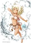  1girl :3 ahoge akino_coto animal_ears ankh bandeau bangs barefoot blonde_hair breasts dark_skin egyptian eye_of_horus eyebrows_visible_through_hair highres lion_ears lion_tail looking_at_viewer medium_breasts navel official_art original short_hair solo strapless swept_bangs tail tattoo water watermark white_background 