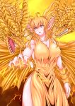  1girl absurdres animal_ears blonde_hair claws commentary dragon dragon_ears dragon_girl dragon_horns dragon_wings electricity eyebrows_visible_through_hair fangs godzilla:_king_of_the_monsters godzilla_(series) hair_between_eyes highres horns kaijuu king_ghidorah king_ghidorah_(godzilla:_king_of_the_monsters) long_hair looking_at_viewer monster_girl multiple_heads muscle mynameissuusan open_mouth orange_eyes personification pointy_ears scales sharp_teeth slit_pupils teeth translation_request wings yellow_background 