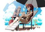  1girl 2boys alternate_costume barefoot beach beach_chair beach_umbrella bikini blindfold blonde_hair blue_shirt blush bowing bracelet breasts brown_eyes cleavage cloud cloudy_sky cup dash_(dasshu) day drink drinking_glass drinking_straw eyes_closed feet fire_emblem fire_emblem_if floral_print flower food fruit grey_hair hair_flower hair_ornament hand_over_face highres jewelry lazward_(fire_emblem_if) lemon lemon_slice luna_(fire_emblem_if) multiple_boys navel nintendo ocean odin_(fire_emblem_if) open_clothes open_mouth open_shirt pose red_hair scabbard sheath sheathed shield shirt short_hair short_hair_with_long_locks shorts sitting sky small_breasts stick sunlight swimsuit sword table thigh_strap tray twintails umbrella watermelon weapon white_bikini 