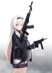  1girl an-94 an-94_(girls_frontline) assault_rifle black_cloak black_gloves black_jacket blue_eyes cloak closed_mouth commentary cowboy_shot expressionless girls_frontline gloves gun hairband highres holding holding_gun holding_weapon jacket long_hair long_sleeves looking_at_viewer military military_uniform narynn object_namesake pouch pp-91_kedr rifle short_shorts shorts solo standing thighs trigger_discipline typo uniform very_long_hair weapon white_hair white_shorts wing_collar 