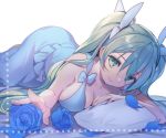  1girl bed breasts cleavage closed_mouth flower frey_(rune_factory) green_eyes green_hair long_hair lying medium_breasts mg_kurino on_stomach petals pillow rune_factory rune_factory_4 smile solo twintails 