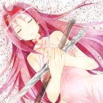  1girl ahoge breasts collarbone dress eyes_closed flower from_above getsuyoubi hair_intakes hairband halterneck highres holding holding_sword holding_weapon long_hair lying on_back parted_lips purple_hair red_hairband red_ribbon ribbon rose sleeveless sleeveless_dress small_breasts solo sword sword_art_online tears upper_body very_long_hair weapon white_dress white_flower white_rose yuuki_(sao) 