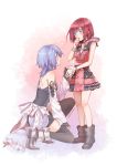  2girls anakris aqua_(kingdom_hearts) artist_name black_legwear blue_hair boots bracelet detached_sleeves eyebrows_visible_through_hair fingerless_gloves gloves hand_holding hand_to_own_mouth highres hood hood_down jewelry kairi_(kingdom_hearts) kingdom_hearts kingdom_hearts_iii kneeling looking_at_another looking_up multiple_girls necklace red_hair sash shiny shiny_hair short_hair short_shorts shorts skirt sleeveless smile standing strap surprised thighhighs twitter_username zipper zipper_pull_tab 
