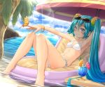 1girl absurdres aqua_eyes aqua_hair arm_up armpits bikini blush bracelet breasts bug butterfly closed_mouth cloud commentary_request day eyewear_on_head flower hair_flower hair_ornament hatsune_miku highres insect jewelry kitsunerider lens_flare long_hair ocean reclining side-tie_bikini sky small_breasts smile soaking_feet solo sunglasses swimsuit twintails very_long_hair vocaloid water white_bikini 