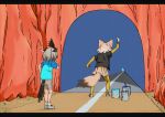  2girls bike_shorts bird_tail bird_wings blonde_hair blue_shirt commentary_request coyote_(kemono_friends) coyote_ears coyote_tail elbow_gloves gloves greater_roadrunner_(kemono_friends) grey_hair head_wings jacket kemono_friends light_brown_hair looney_tunes multicolored_hair multiple_girls paint paintbrush painting_(object) pleated_skirt shirt shoes short_hair short_sleeves skirt sneakers socks t-shirt thighhighs two-tone_shirt wings yellow_gloves yellow_legwear yuuki_(yuuki333) zettai_ryouiki 