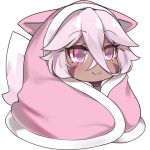  1girl :3 animal_ears aurora_(kanachirou) bangs blanket blanket_hug blush chibi crossed_bangs dark_skin facial_mark fake_animal_ears hair_between_eyes kanachirou meme original pink_eyes pink_hair simple_background solo white_background 