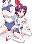  1girl ass between_legs blue_buruma blush buruma closed_mouth commentary_request double_vertical_stripe gym_shorts gym_uniform hairband halftone halftone_background hand_between_legs kazuno_leah love_live! love_live!_sunshine!! lying multiple_views name_tag on_stomach purple_eyes purple_hair shirt shoe_soles shoes short_hair short_sleeves short_twintails shorts sitting spread_legs thighhighs twintails uwabaki v-shaped_eyebrows wariza white_footwear white_hairband white_legwear white_shirt yopparai_oni 