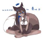  1girl animal_ears barefoot blue_eyes brown_hair character_name corset dark_skin e_draw_paint feet female grin hair_between_eyes indian_style long_hair original sharp_teeth simple_background sitting skirt smile solo tail teeth toes wasabi_iii white_background 