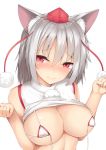  1girl animal_ear_fluff animal_ears bangs bare_arms bare_shoulders blush breasts cleavage closed_mouth commentary_request hair_between_eyes hands_up hat inubashiri_momiji large_breasts looking_at_viewer micro_bikini_top nose_blush pom_pom_(clothes) red_eyes red_headwear shirt shirt_lift short_hair silver_hair simple_background sleeveless sleeveless_shirt solo tatsumiya_kagari tokin_hat touhou upper_body white_background white_bikini_top white_shirt wolf_ears wolf_girl 