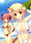  2girls ahoge animal_ears ball beachball bikini bitter_crown blonde_hair blush breasts cat_ears cat_girl cat_tail cleavage crab day fang flower hair_flower hair_ornament innertube jewelry large_breasts looking_at_viewer multiple_girls navel necklace open_mouth orange_eyes original pink_eyes pink_hair red_eyes short_hair smile swimsuit tail 