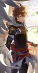  1boy armor brown_hair feathered_wings fingerless_gloves gloves granblue_fantasy hood male_focus mmytwi multiple_wings open_mouth red_eyes sandalphon_(granblue_fantasy) seraph short_hair smile wings 