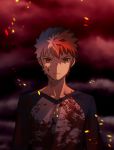  1boy blood blood_on_face bloody_clothes blue_sleeves brown_eyes cloud cloudy_sky emiya_shirou fate/stay_night fate_(series) long_sleeves looking_at_viewer male_focus meiji_ken multicolored_hair orange_hair shirt silver_hair sky solo spiked_hair two-tone_hair v-shaped_eyebrows white_shirt 