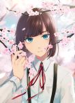  1boy aobe_mahito bangs bishounen blue_eyes bob_cut brown_hair cherry_blossoms eyebrows_visible_through_hair highres looking_at_viewer male_focus original petals ribbon shirt solo suspenders tree 