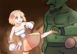  1girl absurdres bare_shoulders blonde_hair breasts cleavage endro! eyebrows_visible_through_hair fai_fai flower gloves goblin_slayer! graphite_(medium) green_skin hair_flower hair_ornament hairband highres kicking licking_lips open_mouth orc parody ritore short_hair tongue tongue_out traditional_media 