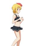  1girl bare_arms bare_legs bare_shoulders black_skirt black_tank_top blonde_hair blush cato_(monocatienus) commentary_request crop_top feet_out_of_frame hair_ribbon looking_at_viewer midriff miniskirt navel own_hands_together parted_lips red_eyes red_ribbon ribbon rumia short_hair sidelocks simple_background skirt skirt_set smile solo standing stomach tank_top thighs touhou white_background 