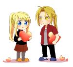  1boy 1girl :d bangs black_shirt blonde_hair blue_eyes blush carrying_under_arm chibi dress_shirt edward_elric expressionless eyebrows_visible_through_hair eyes_visible_through_hair full_body fullmetal_alchemist grey_legwear grey_shirt heart holding holding_heart long_hair long_sleeves open_mouth orange_footwear pants pantyhose plaid plaid_skirt ponytail red_shirt shadow shirt simple_background skirt slippers smile standing tsukuda0310 white_background winry_rockbell yellow_eyes 