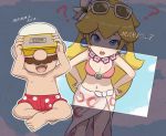  1boy 1girl bikini blonde_hair breasts brown_hair earrings facial_hair gonzarez head_mounted_display jewelry long_hair looking_at_viewer mario mario_(series) mustache navel nintendo nintendo_switch open_mouth princess_peach sunglasses super_mario_bros. super_mario_odyssey swimsuit translation_request 