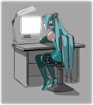  1girl aqua_hair arms_on_table bare_shoulders belt chair commentary desk detached_sleeves full_body grey_background hair_ornament hatsune_miku lamp leaning_forward long_hair monitor nippori_honsha shirt sitting skirt sleeveless sleeveless_shirt solo spot_color thighhighs twintails very_long_hair vocaloid 