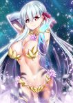  1girl absurdres armor bangs bare_shoulders bikini_armor blush breasts cleavage detached_sleeves earrings eyebrows_visible_through_hair fate/grand_order fate_(series) hair_between_eyes hair_ribbon highres jewelry kama_(fate/grand_order) katou_shinobu large_breasts long_hair looking_at_viewer red_eyes ribbon silver_hair smile solo thighhighs 