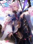  1boy absurdres black_pants cape fate/grand_order fate_(series) hair_between_eyes highres holding holding_staff honyaru_(nanairo39) looking_at_viewer male_focus merlin_(fate) neck_ribbon pants parted_lips petals purple_eyes red_ribbon ribbon silver_hair solo staff white_cape 