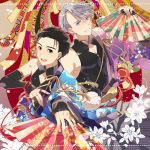  2boys black_hair blue_eyes brown_eyes fan flower folding_fan hair_slicked_back hakama japanese_clothes jewelry katsuki_yuuri kikkoumon kuroemon male_focus multiple_boys off_shoulder open_mouth ring sayagata silver_hair smile viktor_nikiforov yuri!!!_on_ice 