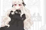  1girl alternate_costume black_dress dress female_my_unit_(fire_emblem_if) fire_emblem fire_emblem_if hairband long_hair long_sleeves my_unit_(fire_emblem_if) nail_polish nintendo plushcharm pointy_ears red_eyes solo upper_body white_hair 