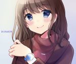  1girl bangs blue_background blue_eyes blush brown_hair brown_jacket closed_mouth commentary_request eyebrows_visible_through_hair gradient gradient_background grey_background hair_between_eyes hand_up jacket klasse14 long_hair long_sleeves looking_at_viewer minami_saki original red_sweater ribbed_sweater smile solo sweater upper_body watch wristwatch 