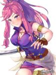  1girl bangs bare_shoulders blush boris_(noborhys) breasts brown_gloves cleavage fingerless_gloves fire_emblem fire_emblem:_seima_no_kouseki fire_emblem_heroes gloves large_breasts long_hair marica_(fire_emblem) nintendo pink_eyes pink_hair ponytail sidelocks smile thighs tied_hair white_background 