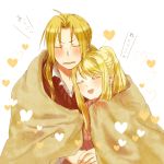  1boy 1girl ahoge bangs blanket blonde_hair blush dress_shirt edward_elric eyebrows_visible_through_hair eyes_closed fullmetal_alchemist heart nervous open_mouth shared_blanket shirt simple_background sweatdrop sweater translation_request tsukuda0310 under_covers v-shaped_eyebrows white_background winry_rockbell 