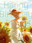  1girl ahoge blue_sky blurry blurry_background blush character_name cloud day dress emma_(yakusoku_no_neverland) eyes_closed facing_viewer flower happy happy_birthday hat highres mao_(pixiv_id_21075262) neck_tattoo orange_hair outstretched_hand petals short_hair sky smile solo standing straw_hat sun_hat sunflower tattoo white_dress yakusoku_no_neverland 